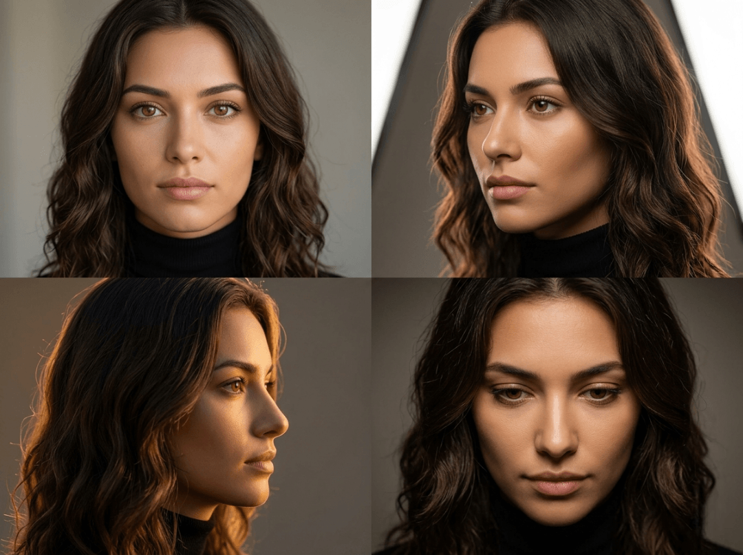 Comparison of the same AI influencer's face in multiple angles showing character consistency
