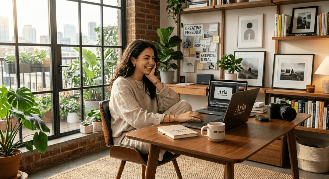 AI influencer enjoying creative freedom working from a modern home office