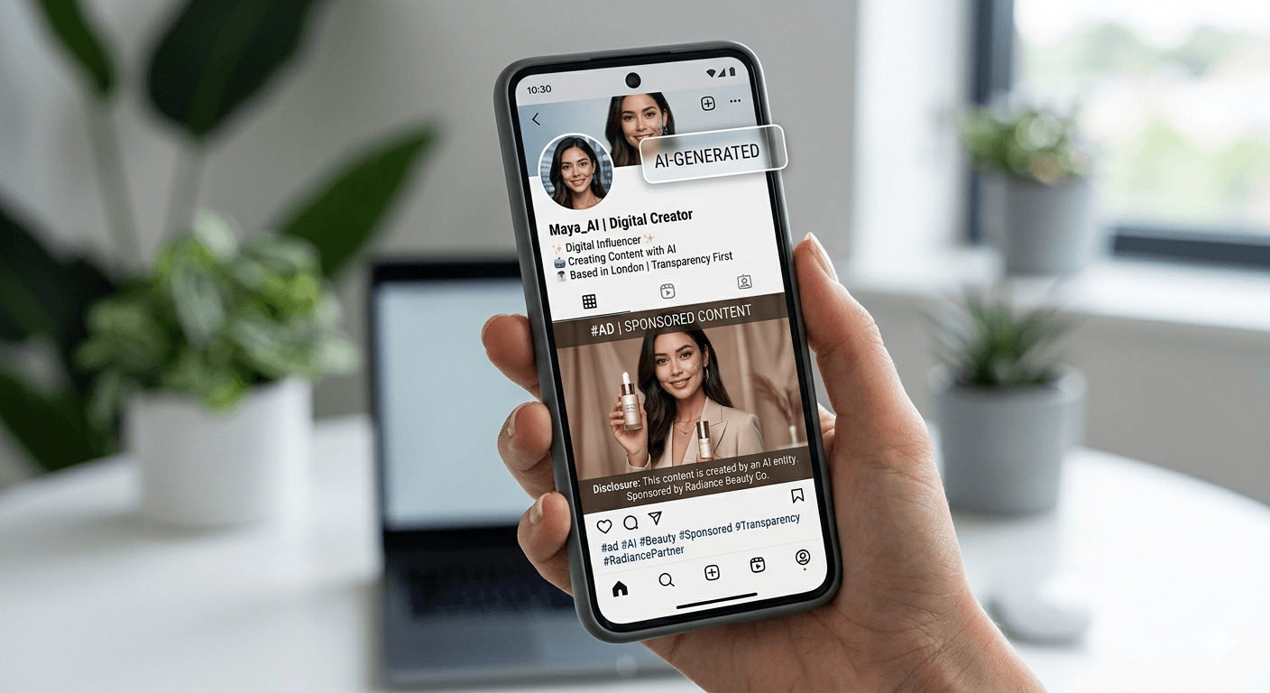 Smartphone showing AI influencer content labeled as AI-generated with sponsored post disclosure
