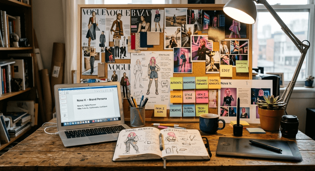 Workspace showing creation of AI influencer persona with sketches and mood board