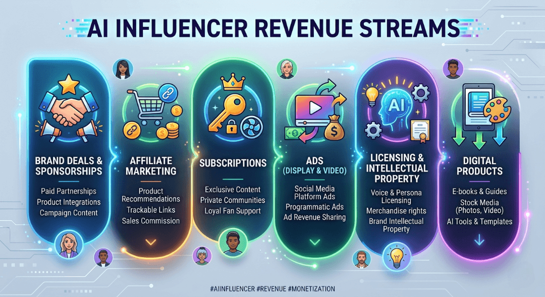 Infographic depicting six main revenue streams for AI influencers