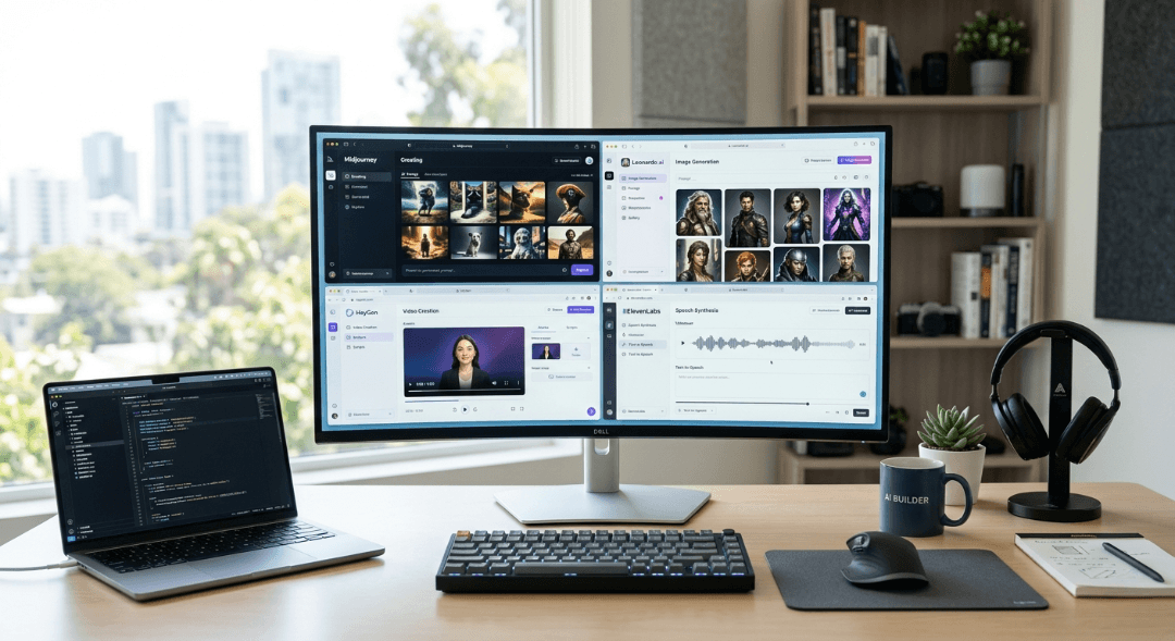 Desktop workspace showing AI tools for image, video, and voice generation